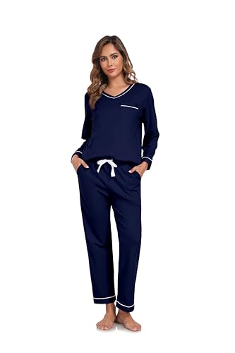 Image of COLORFULLEAF 100% Cotton Pajama Set for Women Long Sleeve Sleepwear with Pants Soft Comfy Two-Piece Pjs with Pockets
