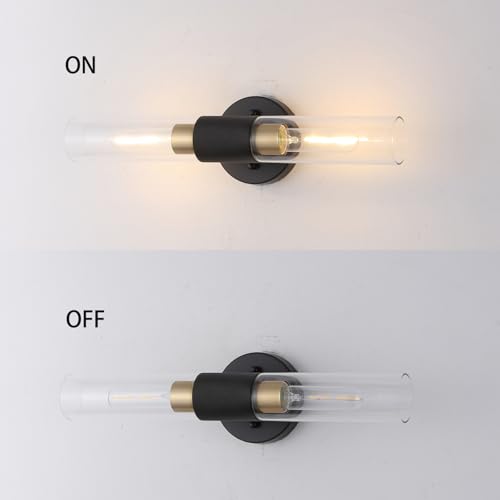 Image of BYOLIIMA Modern Knurled Texture Wall Sconce Clear Glass Shade Modern Gold Black Bathroom Vanity Light Fixtures 2-Lights Mid Century Wall Light for Mirror Living Room Hallway E26 T10 Bulbs(Excluded)