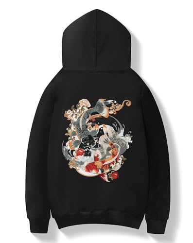 Niepce Inc Novelty Koi Embroidered Hoodies for Men Black L