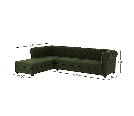 Image of Solid Wood Velvet Fabric L Shape Sofa Sofa for Living Room Button Tufted Sofa Chair for Home & Office (Left Aligned L-Shaped (Right Aligned L-Shaped Green)