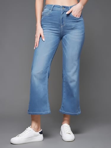 Image of Miss Chase Women's Skinny High Rise Cropped Fringed Hemline Detailing Stretchable Denim Jeans