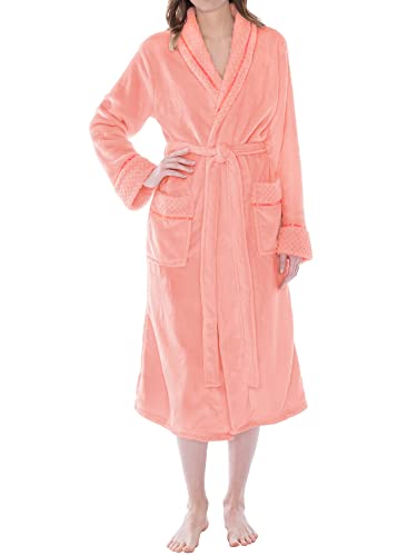 Pavilia Soft Plush Women Fleece Robe, Coral Peach Orange Cozy Bathrobe, Female Long Spa Robe, Warm Housecoat, Satin Waffle Trim, L/Xl #TOP6