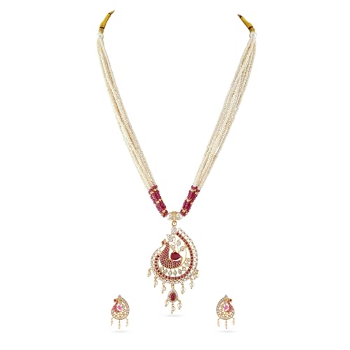 Image of Rubans Pearl Long Necklace Set Gold Plated Traditional Stylish Jewellery Gift for Women & Girls