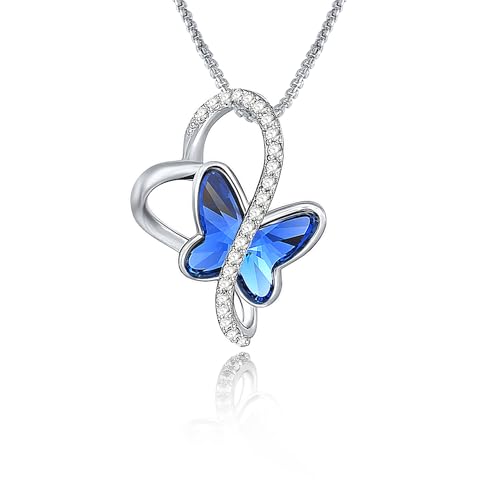 GEORGE · SMITH Collar Mariposa para Mujer Niñas, Collar Colgante Corazón Plata, Joyas Regalos Día de San Valentín Navidad para Mujer Mamá Esposa (Azul)