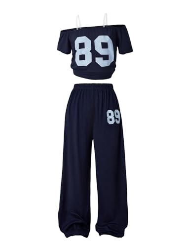 Girl's 2 Piece Sports Summer Outfits Graphic Off the Shoulder Jersey Shirts and Sweatpants Set