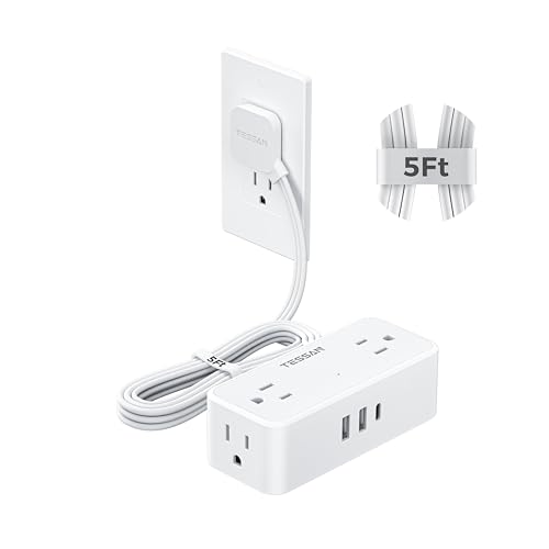 Image of TESSAN Flat Plug Extension Cord 5 FT, Surge Protector Power Strip with 4 AC Outlets 1 USB C and 2 USB A Ports, 900 Joules Protection, Multiple Wall Outlet Extender Suitable for Office Dorm, White