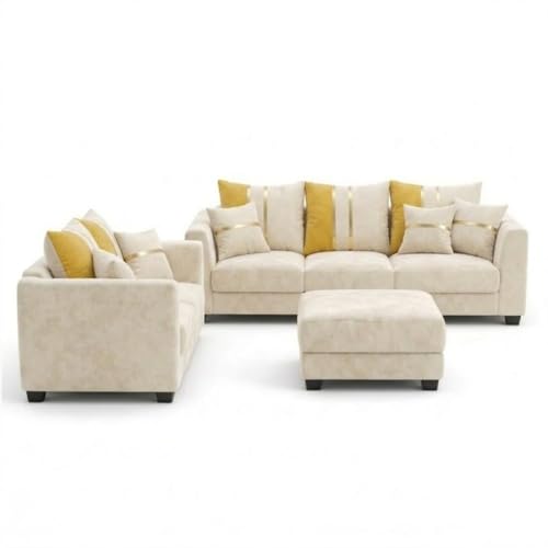 Image of Vero Plush Comfort Sofa Set | 3 Seater + 2 Seater with Ottoman | Luxury Velvet Suede Fabric | Modern Living Room Sofa | Cream