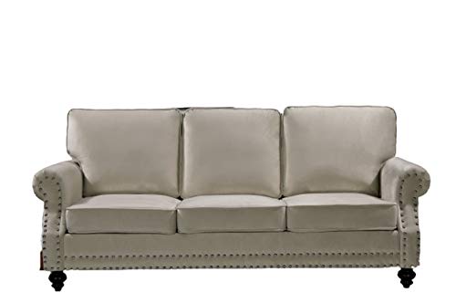 Container Furniture Direct Lotus Mid Century Modern Velvet Upholstered Living Room Rolled Arms, Sofa, Ivory #TOP4