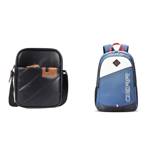Image of Gear Pleat Faux-Leather Messenger Sling Bag (Black) (MSGPLEAT00101) + 14 cms Blue Casual Backpack (MDBKPECO50504)