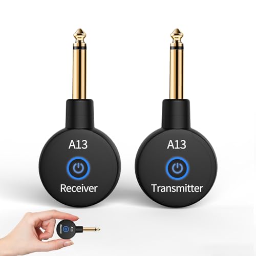 A13 Wireless Guitar System, 2.4GHz Guitar Accessories with 24-bit 48kHz Audio, No Latency, 100ft Range, Rechargeable 5-Hour Battery, Dual Plug for Electric Guitar & Bass, Plug & Play (1TX+1RX)