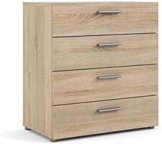 Tvilum Bedrooms, Living Areas, or Entryways, Silver Handles, Steel Brackets at Bottom 4 Drawer Chest, 15,85 in D x 26,81 in H x 31,57 in W, Oak