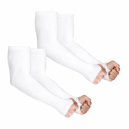 Image of PULGOS White Arm Sleeves for Men & Women (Pack of 2) | Cooling UV Protection Sleeves | Breathable Sports Arm Sleeves for Cycling, Biking, Running & Outdoor Activities