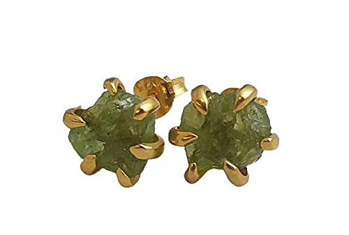 Sophia Rose JewelleryHandmade Large 6-8mm Raw Peridot Sterling Silver Stud Earrings - Natural Gem Gemstone - Handmade Jewelry Gift Ideas for Women - Birthday Mother's Day - August Birthstone (yellow-gold-plated-silver)