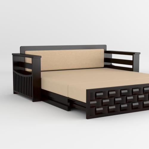 Image of Solid Sheesham Wood Sofa Cums Bed with Mattress & Storage | Rosewood Convertible Sofa Bed for Living Room & Bedroom (G-Walnut Finish, 3 Seater)