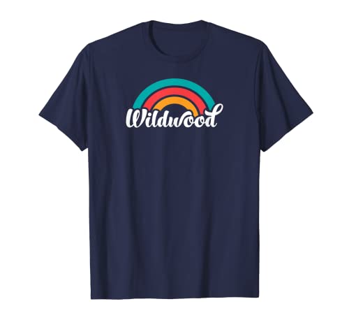 Wildwood NJ Retro Script Design Con Arcobaleno Maglietta