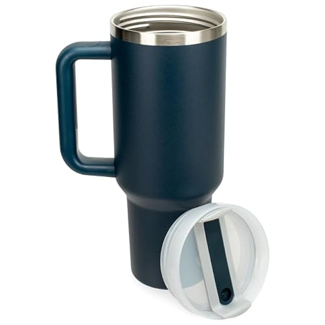 Be A Hero, Be A Legend Golden Triforce Wrap-Around 40 Oz. Stainless Steel Water Bottle Coffee Mug, Spill & Leak Resistant, Travel Tumbler with Handle, Lid & Straw, Navy Blue