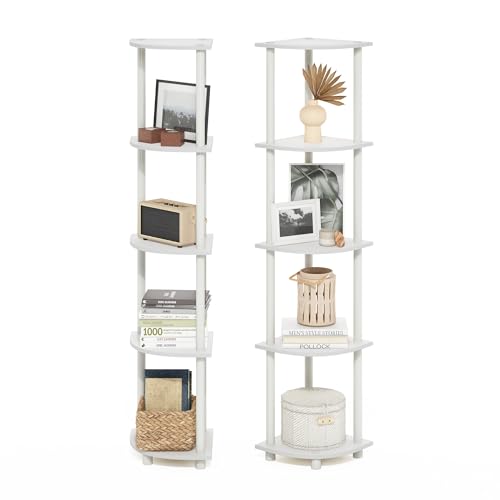 Image of Furinno Turn-N-Tube Corner Shelf Set of 2, 5-Tier Corner Bookshelf, Open Storage Shelves, for Organization and Storage, Living Room, Home Office, Garage, White