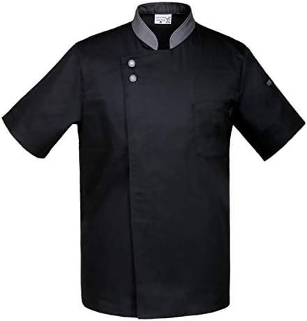 Short Sleeve Men's Chef Coat Jacket Black with Concealed Snap Front Placket Grey Collar