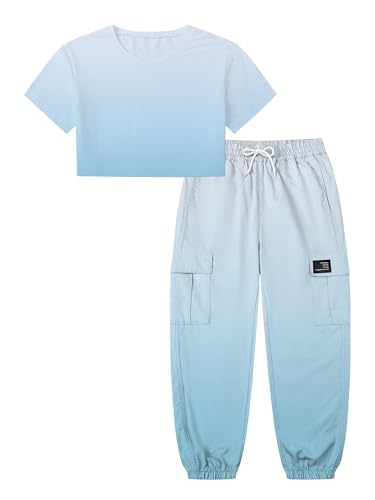 Image of Betusline Girls' Gradient Short Sleeve Crop Tops & Cargo Pants Set, Regular Fit,Perfect for Young Girl,Light Blue Gradient, 6-7 Years = Tag 130