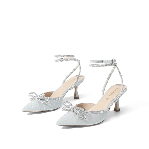 DREAM PAIRS Kitten Heels Rhinestone Bow Ankle Strap Stiletto Pointed Closed Toe Heels for Women Pumps Wedding Bridal Party Dress Shoes,Size 7.5,Silver,DWUMPU2541