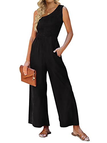 Zesica Women's 2023 Summer Casual One Shoulder Sleeveless Smocked High Waist Loose Wide Leg Jumpsuit Romper With Pockets,Black,Large #TOP17