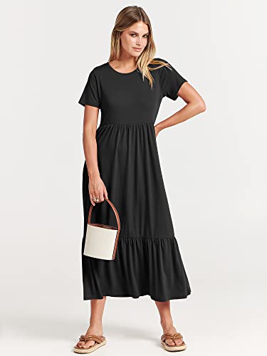 Anrabess Women's Summer Casual Short Sleeve Crewneck Swing Dress Casual Flowy Tiered Maxi Beach Dress With Pockets 727Heise-L Black #TOP7