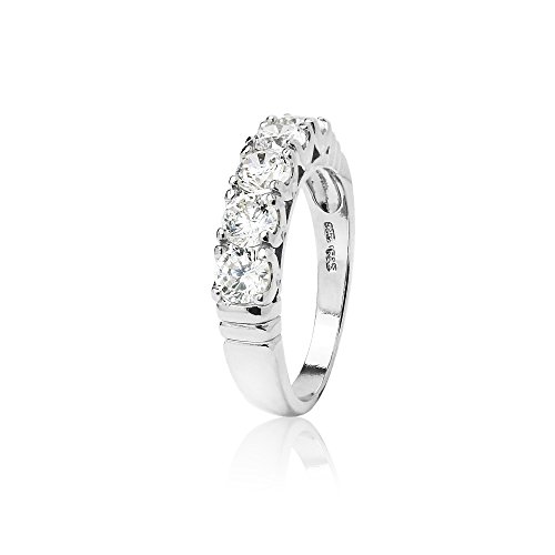 Hoops & Loops 925 Sterling Silver Five 4mm Stone Cubic Zirconia Eternity Wedding Bridal Ring for Women, Silver and Yellow Gold2