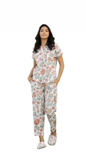 Image of SANSKRUTIHOMES Women's Premium 100% Cotton Printed Co-Ord Set | Short Sleeve Shirt & Pant Set | Pink Checkered Sun & Palm Tree Print | Casual Summer Resortwear, Vacation Wear & Comfortable Loungewear