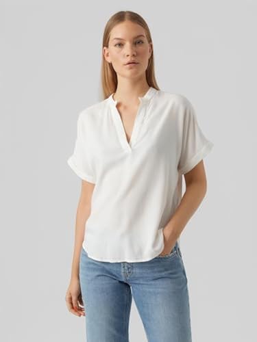 VERO MODA Damen Top Casual Splitneck umgeschlagene Ärmelbündchen Bluse Kurzarm, Farben:Weiß, Größe:M – Ansicht 3