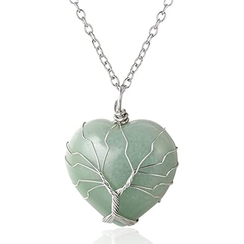 HALUKAKAH Crystal Stone Women's Necklace Natural Jade Platinum Plated Brass Wire Handmade Winding Tree of Life Heart Shape Pendant 30×40mm with Chain 50cm Cover