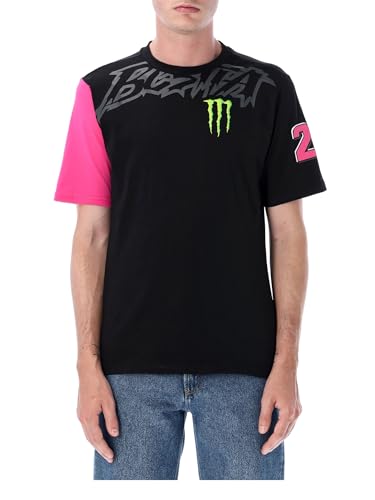 Maglietta da uomo della collezione Dual Enea Bastianini ed Energy. Base nera con manico dritto fucsia. La sceneggiatura 