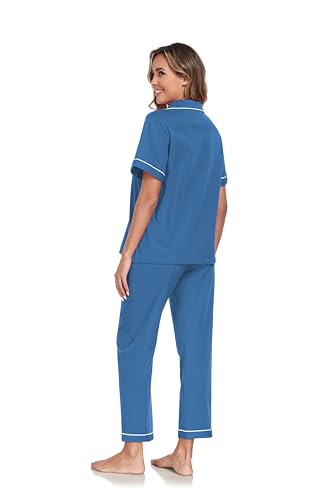Image of COLORFULLEAF Women's 100% Cotton Pajamas Set Button Down Sleepwear Short Sleeve Shirt and Long Pants Soft Ladies Lounge Sets