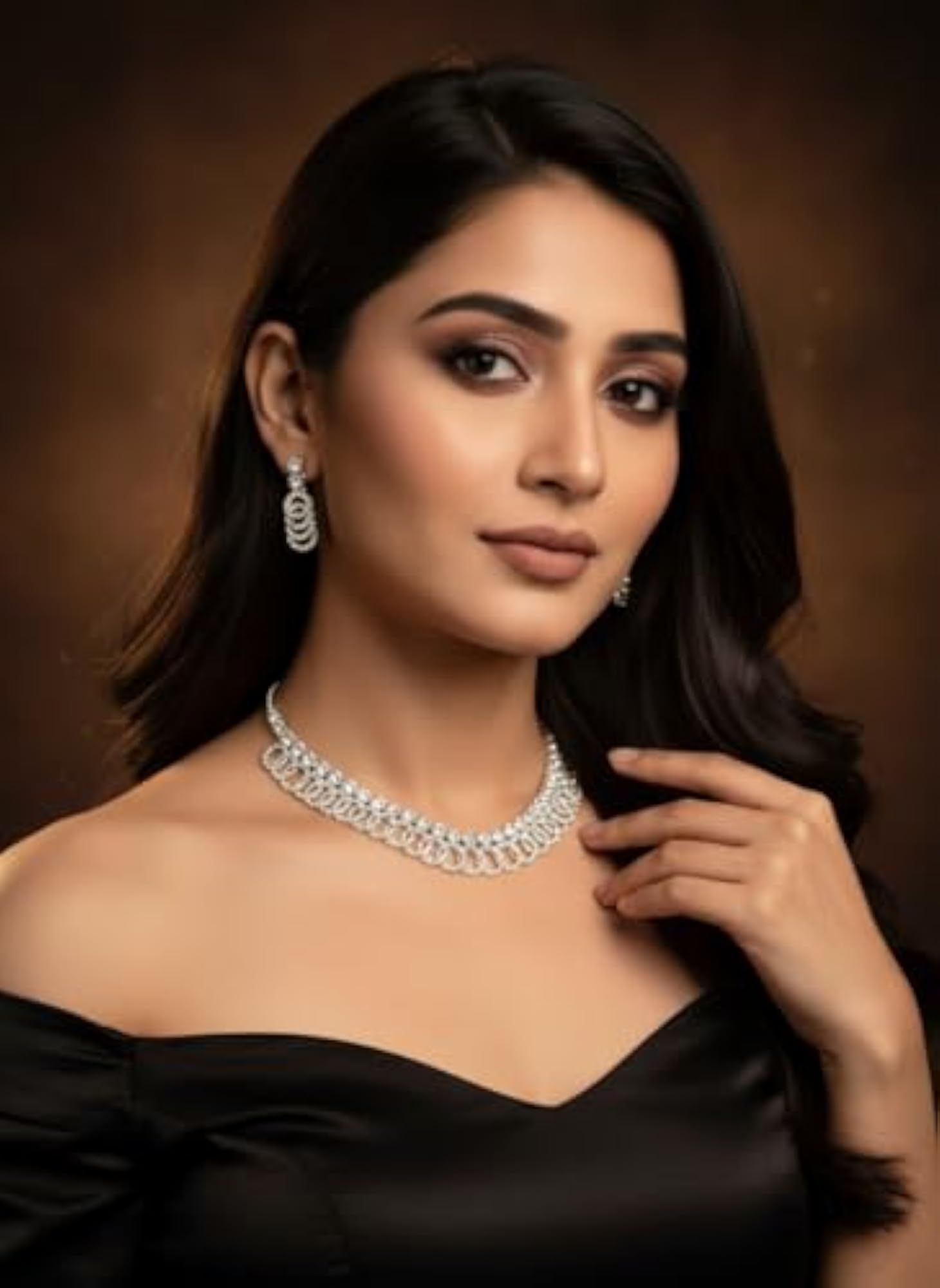 American Diamond Necklace Set with Earrings, Silver Tone