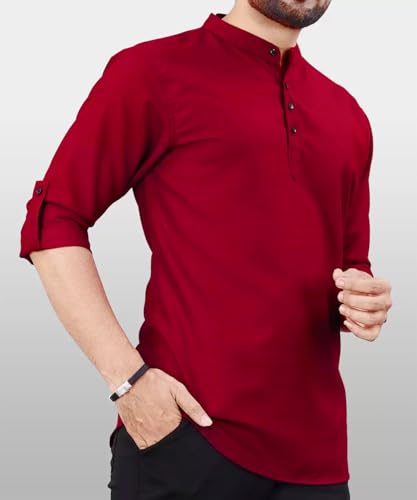 Image of DEEMOON Men's Regular Fit Solid Sprad Collar Casual Shirt with a Trendy Mandarin Collar Crafted from a Premium Cotton Blend