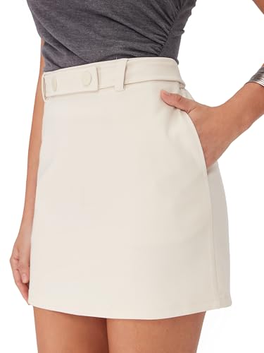 CIDER Womens Mini Skirts Solid High Waisted with Belt & Pockets Workwear Beige4