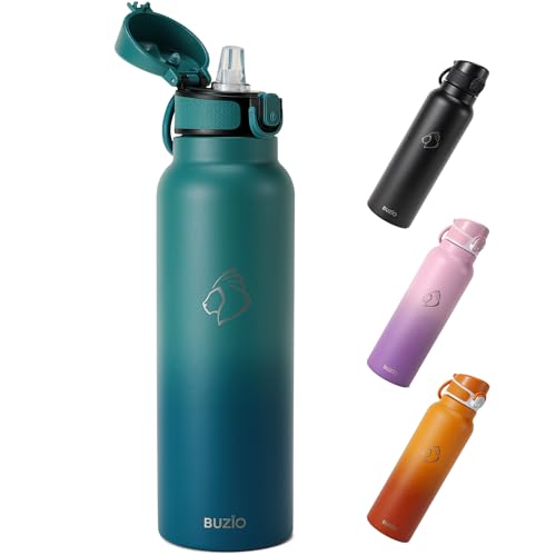 32oz Insulated Water Bottle with Straw Lid, BUZIO Vacuum Stainless Steel Water Flask with Handle, Wide Mouth Double Wall Leak Proof Sport Drinking Tumbler Cup- Cold for 48 Hrs (Blue)
