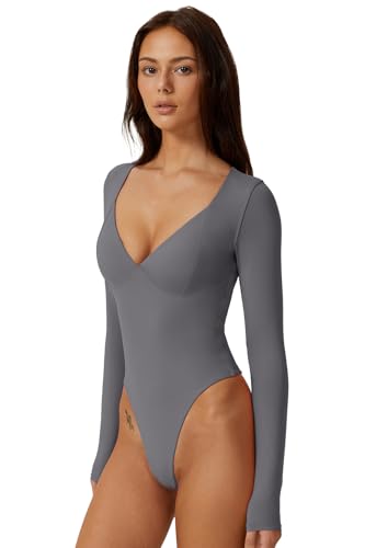 Image of QINSEN Women's Long Sleeve Bodysuit V Neck Body Suits Seamed Cup Going Out Tops Shirt