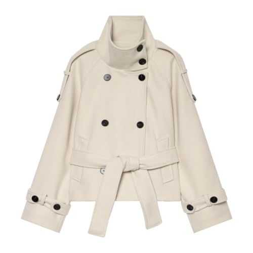 Womens Cropped Trench Coat Funnel High Collar Belted Short Trench Jacket - image 4