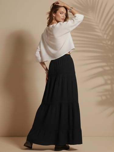 Image of GRECIILOOKS Women's Summer Ruffle Hem PolyBlend Maxi Skirt | High Waist Long Skirt's | Plain A-Line Flowy Skirt for All Occasions | Elegant Boho Style