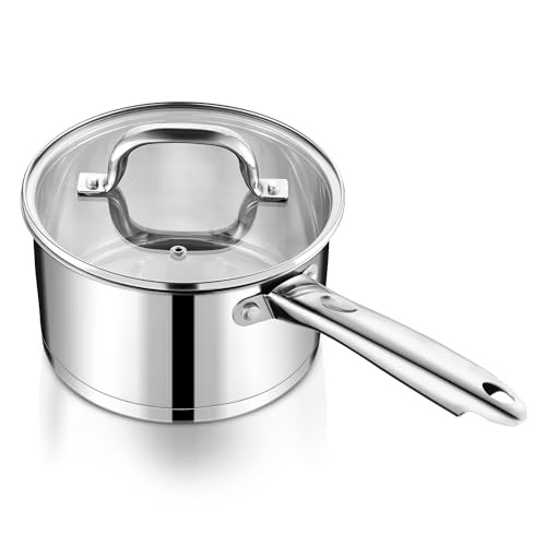 Joyfair Stielkasserolle, 18cm 3-Lagiger Boden Kasserolle mit Glasdeckel, 2,8 Liter Edelstahl Klein Kochtopf für Kochen/Erwärmen/Sieden, Milchtopf Induktion für alle Herdarten, Spülmaschinenfest