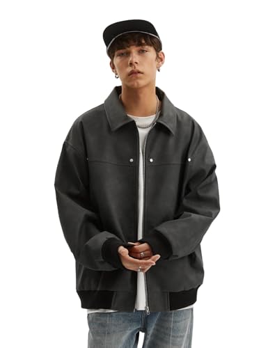 Men's Teen Faux Leather Zip Up Bomber Jacket 90S Vintage Biker Racing Moto Jackets Streetwear Coats3