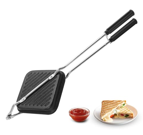 Image of Non-Stick Grill Sandwich Toaster Gas Stove Compatible, Easy to Clean, Ideal for Grilled Sandwiches, Paninis & Tikkas | Durable Aluminium Body (Black)