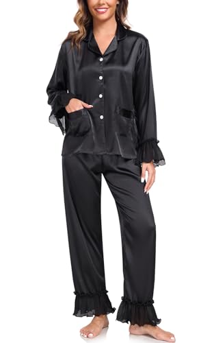 BestWendding Womens Silky Pajamas Ruffle Hem Long Sleeve Collar Shirt and Long Pants Button Up Lounge Sets with Pockets3