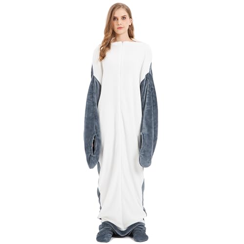 Olivia Rocco Animal Oversized Wearable Blanket Hooded Fleece Hoodie Blankets with Sleeves Soft Warm Extra Long Plush Winter Sweatshirt Loungewear One Size, Shark