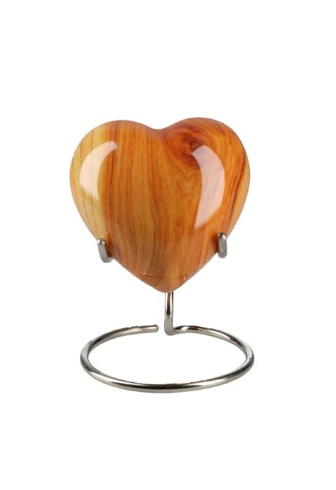 Petite urne cinéraire cœur Elegance grain du bois souvenir funéraire avec socle