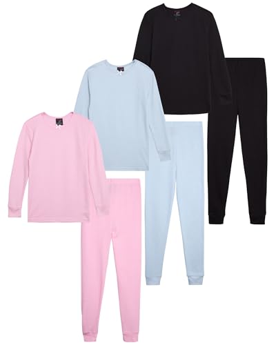 dELiA*s Girls Thermal Underwear - 6 Piece Waffle Knit Long Sleeve Thermal Shirt & Long Johns Girls Thermal Pants Set (2T-16), Size 10-12, Black/Pink/Light Blue