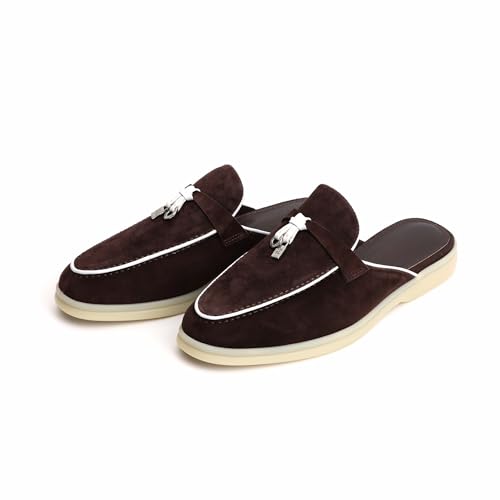 Image of XOBZJH Designer Women's Mules Flat Heel - Suede Leather Flats with Tassel Detail, Comfortable Slip-On Backless Loafers,Casual & Work Shoes