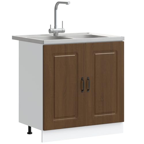 vidaXL Brown Oak Kitchen Cabinets - Set of 2 Engineered Wood Sink Base Units with Ample Storage and Adjustable Feet, 80x46x81.5 cm, Modern Design - Image 4
