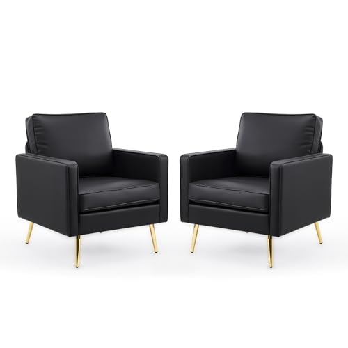 VINGLI Modern PU Leather Accent Chairs Set of 2, Single Sofa Chair with Pocket Coil Seat, Metal Backrest & Solid Wood Frame, Upholstered Armchair for Living Room, Bedroom or Office