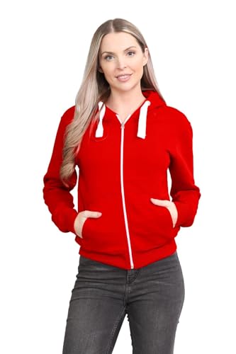 janisramone® Ladies Fleece Jackets Full Zip up With Pockets, Long Sleeves Plain Womens Hoodie, Warm Fleece Zip up Hoodie Women for Autumn and Winters, Solid Colors Hoodies Size 8-22 Red
